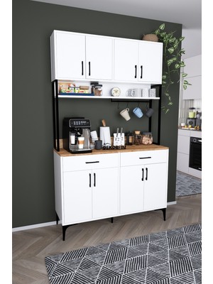 Dekorfim DF14104BAC Kahve Köşesi Mutfak Dolabı Coffee Bar Standı Raflı Kapaklı Çekmeceli Çok Amaçlı Konsol Beyaz-Çam