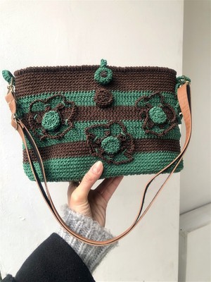 Gözde Tasarım Butik Kadın El Yapımı Yeşil Kahverengi Tığişi Örgü Tabanlı Çanta