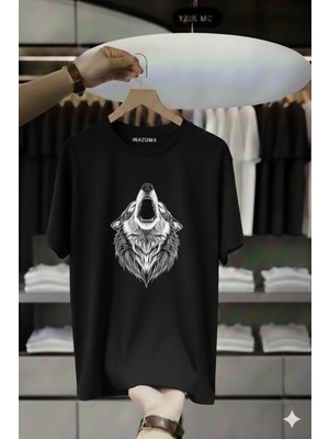 Unisex Oversize Baskılı Pamuklu Bisiklet Yaka Kısa Kollu Siyah T-Shirt Uluyan Kurt