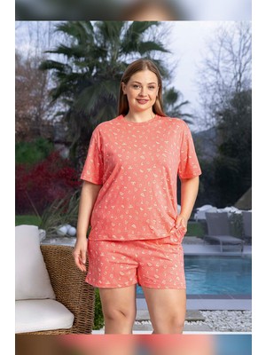 Aydoğan Kadın Lara Büyük Beden Şortlu Cotton Mercan Pijama Takım 0142