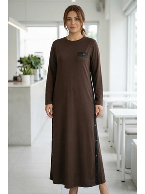 Hermevsim Missbah Kadın Clara Yanı Deri Zımba Detaylı 2 ip Kristal Kahve Elbise