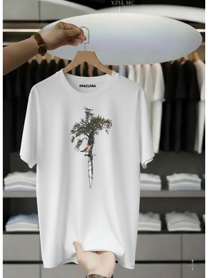 Unisex Oversize Baskılı Pamuklu Bisiklet Yaka Kısa Kollu Beyaz T-Shirt Serçe
