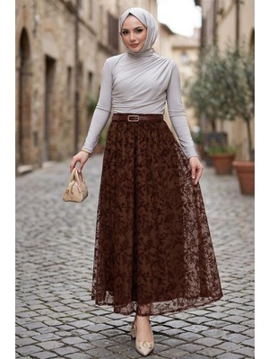 Hafsa Mina Astarlı Kemerli Çiçek Desenli Tül Etek Kahverengi HM2877