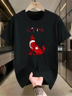 Unisex Oversize Baskılı Pamuklu Bisiklet Yaka Kısa Kollu Siyah T-Shirt Gynh Kurt