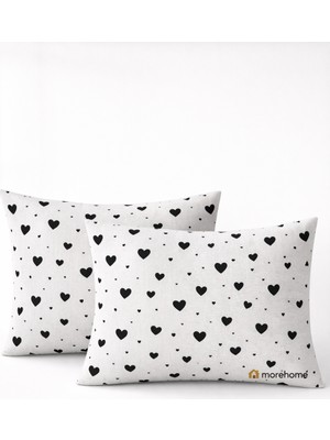 More Home Kapaklı Yastık Kılıfı (2 Adet) 50 x 70 cm Kalpli  Beyaz Siyah