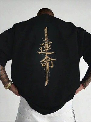 Unisex Oversize Baskılı Pamuklu Bisiklet Yaka Kısa Kollu Siyah T-Shirt Katana