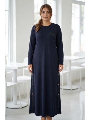 Hermevsim Missbah Kadın Clara Yanı Deri Zımba Detaylı 2 ip Kristal Lacivert Elbise