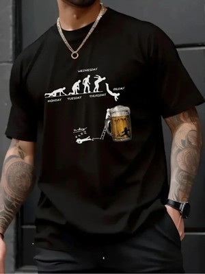 Unisex Oversize Baskılı Pamuklu Bisiklet Yaka Kısa Kollu Siyah T-Shirt Haftalık Durum