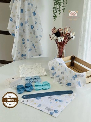 Fulya Tuhafiye Ftbabycollection Müslin & Bambu Yenidoğan Hediye Seti (Battaniye, Mendil, Önlük, Zıbın, Çorap)