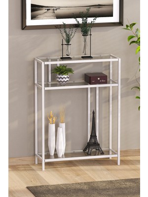 Feyza Design Beyaz Temper Camlı Dresuar Konsol ve Çiçeklik Ünitesi