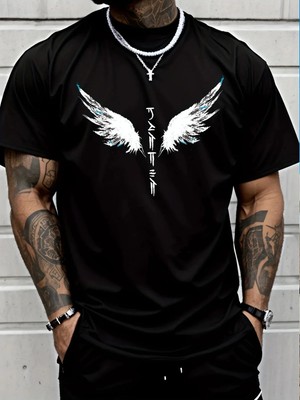 Unisex Oversize Baskılı Pamuklu Bisiklet Yaka Kısa Kollu Siyah T-Shirt Kanat Japon Yazısı