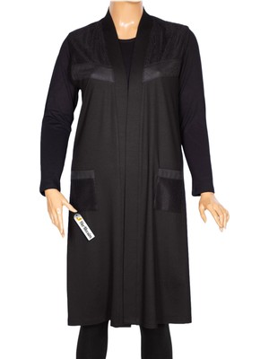 Hermevsim Hesna Kadın Yaren Omzu Cebi Fileli Deri Detaylı Penye Siyah Yelek