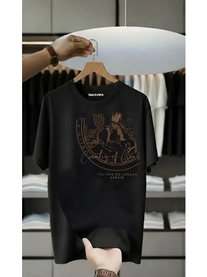 Unisex Oversize Baskılı Pamuklu Bisiklet Yaka Kısa Kollu Siyah T-Shirt Wild Göğüs