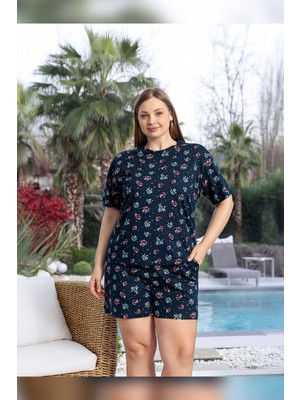 Aydoğan Kadın Lara Büyük Beden Şortlu Cotton Lacivert Pijama Takım 0156
