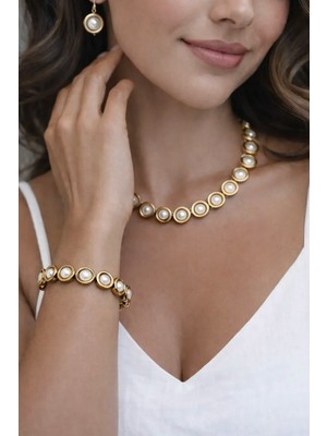 By Song Aksesuar Halka Hematit Doğaltaşlı Cam Incili Kolye Bileklik Küpe Seti