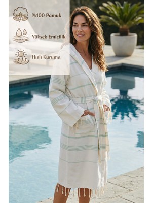 Ces Store %100 Pamuk Kapüşonlu Bornoz, El Dokuması, Yumuşak, Yüksek Emici, Hızlı Kuruyan Plaj, Havuz ve Banyo Bornozu