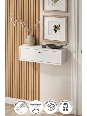 Feyza Design Duvara Monte 2 Bölmeli Dresuar Kapaklı Konsol 60 cm Beyaz