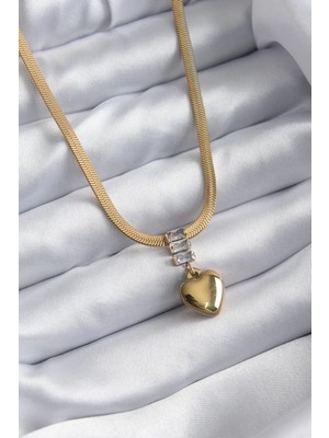 Aydogan's 316L Çelik Gold Renk Italyan Zincir Model Kalp Figür Nazar Boncuk Detay Kadın Kolye - TJ-BKO7925
