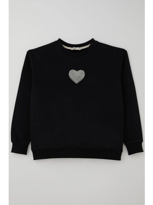 Breeze Kız Çocuk Sweatshirt Işıltılı Kalp Masalı Inci Işlemeli 9-14 Yaş, Siyah