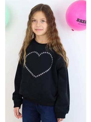 Breeze Kız Çocuk Sweatshirt Taşlı Kalp Baskılı 7-12 Yaş, Siyah