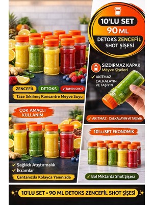 Open Home Concept 10’lu Turuncu Kapak Detox Zencefil Vitamin Shot Şişesi Kilitli Kapaklı Plastik Sağlık Şişesi 90 ml