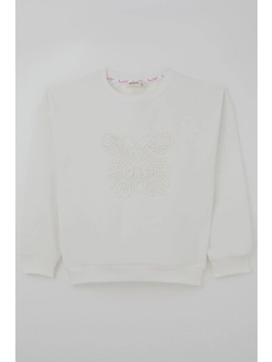 Breeze Kız Çocuk Sweatshirt Kelebek Aplike Nakışlı 8-12 Yaş, Ekru