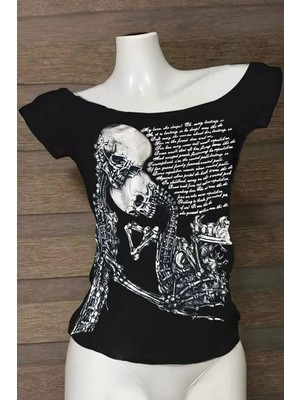Siyah Skulls Letter Love Body Cyber Grunge Madonna Yaka Y2K Kısa Kollu Bluz