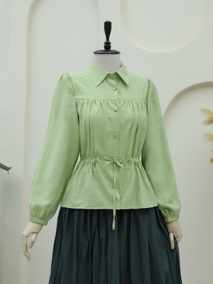Modamorfo Tünel Bağcıklı Düğmeli Gömlek Bluz -F.yeşili