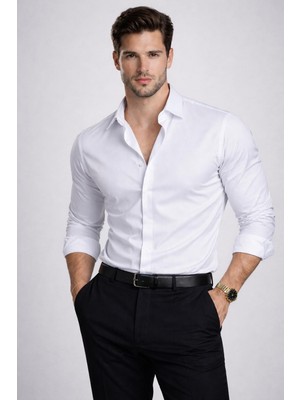 By Bülent Erkek Beyaz Uzun Kollu Dar Kesim Bella Saf Saten Hafif Likra Özel Üretim Premium Kalite Gömlek