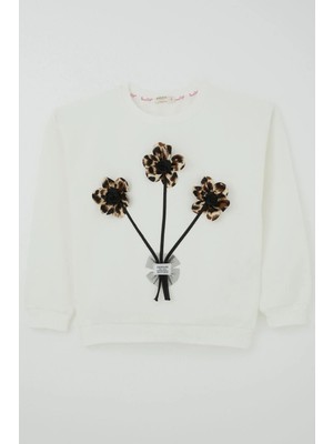 Breeze Kız Çocuk Sweatshirt Çiçek Buketi Yazı Armalı Tüllü 9-14 Yaş, Ekru