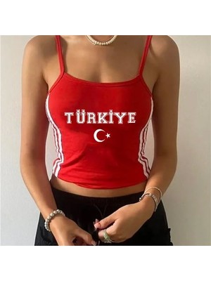 Kırmızı Beyaz Şeritli Türkiye Ay Yıldız Y2K Askılı Crop