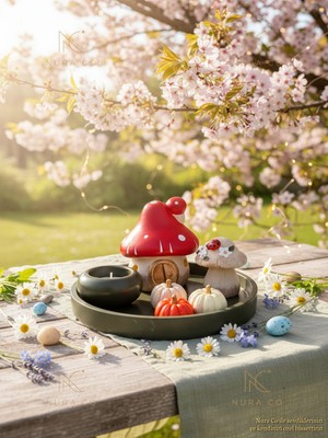 El Yapımı Uğur Böcekli Mantar Ev Dekor Seti, Mumluk, Mini Balkabağı Figür