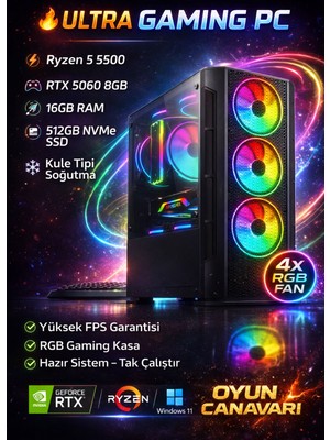 Apphirex Rise X55 Ryzen 5 5500 16GB Ram 512GB M2 SSD RTX5060 Gddr7 Masaüstü Oyuncu Bilgisayarı Hazır Sistem