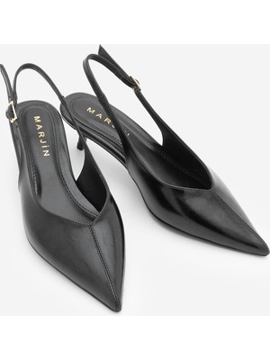 Marjin Kadın Stiletto Arkası Açık Atkılı Bantlı Önü Dikiş Detaylı V Yaka Kısa Topuklu Ayakkabı Orvani Siyah