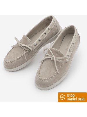 Marjin Kadın Hakiki Deri Fiyonklu Ip Detayı Makosen Loafer Günlük Ayakkabı Nifida Bej Süet
