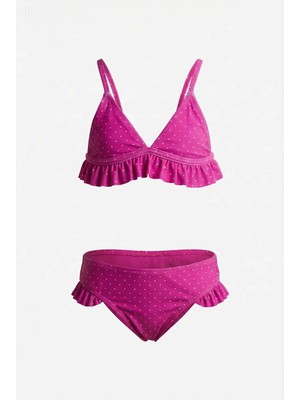 Endeep Kız Çocuk Pembe Fırfırlı Puantiye Desenli Mayo Bikini Takımı