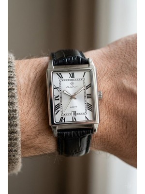Gant Silver Dikdörtgen Kasa Erkek Kol Saati | 28.5 mm Çelik Kasa, Siyah Deri Kordon, Beyaz Kadran