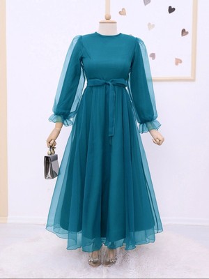 Modamorfo Kabarık Kol ve Etekli Kuşaklı Tül Abiye    -Petrol