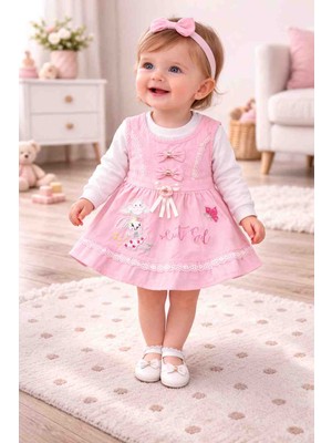Melisa Ticaret Bebek Takımı Pembe Elbise Nakışlı Fiyonk Detaylı Beyaz Uzun Kollu Tshirt 1 2 3yaş