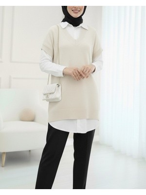 Moda Morfo V Yaka Oversize Triko Süveter -Ekru