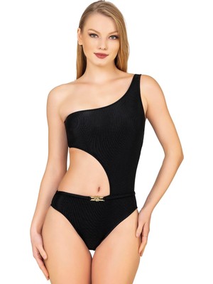 Endeep Kadın Aksesuarlı Dokulu Siyah Mayokini 38 Beden Tam Kalıp UV Koruma