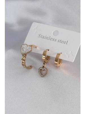 Aydogan's 316L Çelik Gold Renk Kalp Model Zirkon Taşlı Kadın Küpe Kombini - TJ-BKP7101