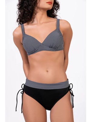 Endeep Kadın Puantiye Desenli Bağcık Detaylı Toparlayıcı Siyah Bikini Takımı