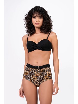 Endeep Kadın Leopar Desenli Aksesuarlı Yüksek Bel Bikini Takımı