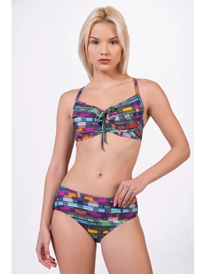 Endeep Kadın Çizgi Desenli Özel Lurex Kumaşlı Balenli Destekli Bikini Takımı