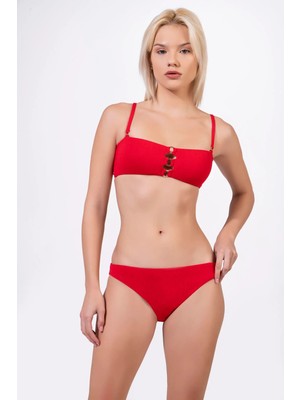 Endeep Kadın Aksesuarlı Dokulu Kumaş Kırmızı Straplez Bikini Takımı
