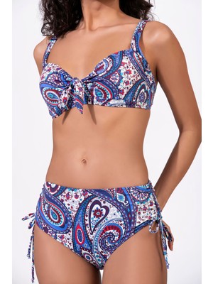 Endeep Kadın Büyük Beden Balenli Destekli Mavi Etnik Desenli Bikini Takımı