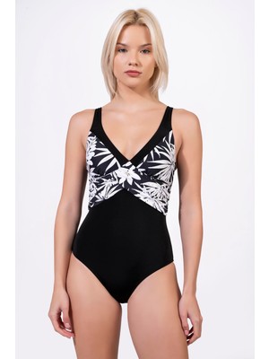 Endeep Kadın Çiçek Desenli Çapraz Detaylı Toparlayıcı Siyah Mayo