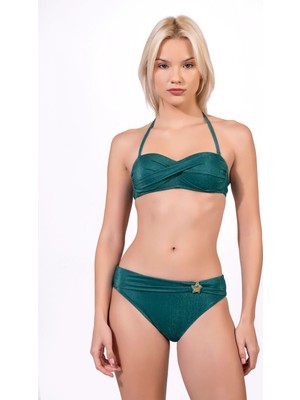 Endeep Kadın Aksesuarlı Simli Kumaş Straplez Yeşil Bikini Takımı
