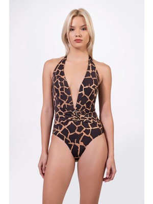 Endeep Kadın Desenli V Yaka Aksesuarlı Kahverengi Mayo